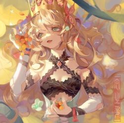Rule 34 | 1girl, absurdres, bare shoulders, blonde hair, breasts, butterfly hair ornament, celine (fire emblem), cjio chen, crown, detached sleeves, dress, fire emblem, fire emblem engage, flower, food, fruit, green eyes, hair between eyes, hair ornament, highres, holding, holding food, holding fruit, long hair, looking to the side, nintendo, open mouth, small breasts, solo, upper body, very long hair