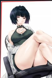 Rule 34 | 10s, 1girl, black hair, blue hair, blush, breasts, brown eyes, choker, cleavage, collarbone, dress, green dress, halterneck, halterneck, hews, jewelry, lab coat, large breasts, crossed legs, lips, looking at viewer, nail polish, necklace, parted lips, persona, persona 5, short hair, solo, takemi tae