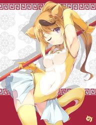 Rule 34 | 10s, 1girl, animal ears, armpits, bracelet, contrapposto, covered navel, elbow gloves, eyelashes, floral print, gloves, gluteal fold, golden snub-nosed monkey (kemono friends), grey eyes, itoichi., jewelry, kemono friends, leotard, monkey ears, monkey tail, multicolored hair, one eye closed, orange hair, skin tight, smile, solo, staff, standing, tail, thighhighs, two-tone hair