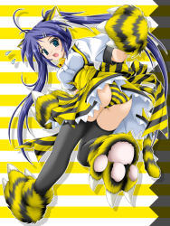 Rule 34 | 1girl, akimoto dai, animal ears, ass, black theme, blue eyes, blue hair, breasts, female focus, full body, hair ornament, hairclip, long hair, panties, pantyshot, running, solo, striped clothes, striped panties, tail, thighhighs, twintails, underwear, waitress, yellow theme