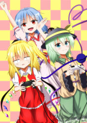 Rule 34 | 3girls, arm up, ascot, black headwear, blonde hair, blue hair, blush, bow, buttons, checkered background, chitose hachi, closed mouth, collared shirt, commentary request, controller, cowboy shot, crystal, diamond button, eyeball, fist pump, flandre scarlet, flat chest, floral print, frilled shirt collar, frilled skirt, frilled sleeves, frills, game controller, green eyes, green hair, green skirt, hair between eyes, hat, hat bow, highres, holding, holding controller, holding game controller, komeiji koishi, long hair, long sleeves, looking at viewer, medium bangs, medium hair, multiple girls, no headwear, one side up, open mouth, pink background, pink shirt, pink skirt, puffy short sleeves, puffy sleeves, red eyes, red sash, red vest, remilia scarlet, rose print, sash, shirt, short sleeves, skirt, skirt set, slit pupils, smile, third eye, touhou, vest, white shirt, wide sleeves, wings, yellow ascot, yellow background, yellow bow, yellow shirt