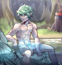 Rule 34 | 1boy, arrow (projectile), bathing, bow (weapon), commission, elf, flaccid, green hair, highres, male focus, nude, orange eyes, original, penis, pointy ears, quiver, re11, tagme, uncensored, weapon