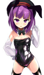 Rule 34 | 1girl, animal ears, bare shoulders, black thighhighs, blush, boots, bow, bowtie, commentary request, detached collar, detached sleeves, extra ears, fake animal ears, fate/grand order, fate (series), flat chest, hand on own hip, hat, helena blavatsky (fate), highres, latex, latex boots, leotard, looking at viewer, open mouth, petite, playboy bunny, purple eyes, purple hair, rabbit ears, shimejinameko, short hair, simple background, sleeveless, solo, thighhighs, type-moon, white background