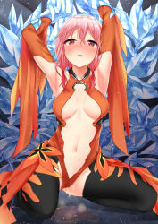 Rule 34 | 1girl, absurdres, armpits, arms up, black thighhighs, blush, bound, breasts, crystal, detached sleeves, guilty crown, hair between eyes, highres, jack dempa, kneeling, legs apart, leotard, long hair, looking at viewer, medium breasts, nose blush, open mouth, orange leotard, parted lips, peeing, peeing self, pink eyes, pink hair, puddle, pussy juice, revealing clothes, solo, sweat, thighhighs, thighs, yuzuriha inori