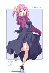 Rule 34 | 1girl, :d, black footwear, blue dress, clothes lift, dated, dress, dress lift, hair ribbon, hand up, highres, knees, leg up, legs, long sleeves, looking at viewer, medium hair, nii manabu, open mouth, original, pink hair, pleated dress, purple background, purple shirt, red eyes, ribbon, shirt, shoes, side ponytail, signature, simple background, smile, solo, standing, two-tone background, v, white background, yellow ribbon