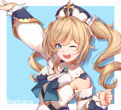 Rule 34 | 1girl, alternate costume, barbara (genshin impact), blonde hair, blue eyes, breasts, character name, derivative work, dress, genshin impact, hair ribbon, hand up, hat, highres, long hair, looking at viewer, one eye closed, open mouth, priestess, rabe26k, ribbon, simple background, small breasts, solo focus, white ribbon