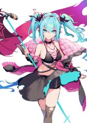 Rule 34 | 1girl, absurdres, aqua eyes, aqua hair, bare shoulders, biker clothes, bikini, bikini top only, black jacket, black skirt, black thighhighs, blurry, breasts, bumcha, clothes lift, collar, collarbone, commentary, commentary request, cross-laced clothes, cross-laced top, depth of field, digital stars miku, digital stars miku (2022), english commentary, fake horns, feet out of frame, fingernails, flag, flagpole, hair ribbon, hatsune miku, hatsune miku expo, highres, holding, horns, index finger raised, jacket, long hair, long sleeves, looking at viewer, microphone stand, midriff, miniskirt, mixed-language commentary, navel, off shoulder, open clothes, open jacket, pointy ears, ribbon, sharp fingernails, shorts, shorts under skirt, simple background, skirt, skirt lift, skirt set, sleeveless, smile, solo, spiked collar, spikes, standing, star (symbol), swimsuit, thighhighs, torn clothes, twintails, two-sided fabric, two-sided skirt, vocaloid, white background, wind, wind lift