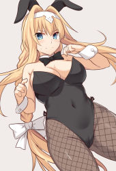 Rule 34 | 1girl, alice zuberg, alternate costume, animal ears, blonde hair, blue eyes, blush, bow, breasts, cleavage, commentary request, covered navel, fake animal ears, fishnet pantyhose, fishnets, frown, hair bow, hair intakes, hairband, large breasts, leotard, long hair, looking at viewer, lying, on back, pantyhose, playboy bunny, rabbit ears, shiseki hirame, simple background, solo, sword art online, sword art online: alicization, very long hair, white background, white bow, white hairband, wrist cuffs