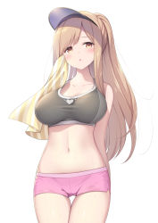 Rule 34 | 1girl, :o, absurdres, bare arms, bare shoulders, breasts, brown eyes, collarbone, commentary request, highres, holding, holding towel, light brown hair, long hair, medium breasts, navel, original, parted lips, pink shorts, ponytail, sasakura momiji, short shorts, shorts, simple background, solo, swept bangs, towel, transparent, very long hair, visor cap, white background
