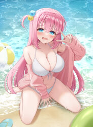 1girl absurdres ball beach beachball bikini blue_eyes blush bocchi_the_rock! breasts commentary_request cube_hair_ornament front-tie_bikini_top front-tie_top gotoh_hitori hair_ornament highres jacket large_breasts long_hair looking_at_viewer ocean open_mouth outdoors pink_hair pink_jacket solo swimsuit thighs v white_bikini yukiunag1