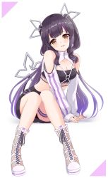 Rule 34 | 1girl, aitsugawa rui, belt, black hair, black skirt, black tube top, blunt bangs, blush, boots, breasts, brown eyes, cleavage, clothing cutout, commentary request, cross-laced footwear, demon girl, demon horns, demon tail, fishnet footwear, full body, highres, horns, jacket, kojo anna, kojo anna (2nd costume), lace trim, long hair, looking at viewer, medium breasts, multicolored hair, nanashi inc., official alternate costume, open mouth, pencil skirt, purple belt, purple hair, shoulder cutout, shrug (clothing), sitting, skirt, smile, solo, strapless, sugar lyric, tail, thigh strap, tube top, two-tone hair, virtual youtuber, white background, white footwear, white jacket