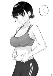 Rule 34 | ..., 1girl, absurdres, bare arms, bare shoulders, belly grab, blush, breasts, cleavage, closed mouth, collarbone, greyscale, highres, large breasts, low ponytail, monochrome, navel, original, pants, ponytail, short hair, solo, spoken ellipsis, sports bra, sweatpants, takenoko no you, weight conscious