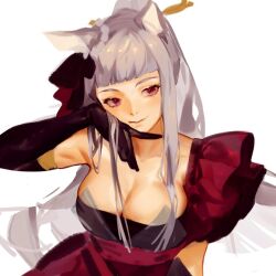 Rule 34 | 1girl, animal ears, black dress, black gloves, blunt bangs, breasts, cleavage, closed mouth, collarbone, dress, ear ornament, elbow gloves, gloves, gold ship (la mode 564) (umamusume), gold ship (umamusume), grey hair, hair ornament, hand on own face, high ponytail, horse ears, horse girl, large breasts, long hair, mafuin da, official alternate costume, official alternate hairstyle, painterly, purple eyes, sidelocks, single bare shoulder, smile, solo, umamusume, white background