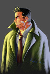 Rule 34 | 1boy, ace attorney, bad id, bad pixiv id, baharu, bandages, beard stubble, black hair, capcom, coat, dick gumshoe, facial hair, goatee, male focus, manly, necktie, object behind ear, pencil, pencil behind ear, short hair, sideburns, sideburns stubble, solo, stubble, trench coat