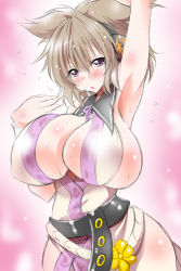 Rule 34 | 1girl, arm up, armpits, breasts, gradient background, highres, huge breasts, oobashin, sketch, solo, sweat, touhou, toyosatomimi no miko