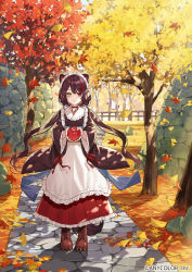 Rule 34 | 1girl, animal ears, apple, apron, autumn leaves, boots, brown eyes, brown footwear, brown hair, brown kimono, closed mouth, commentary request, cross-laced footwear, day, dog ears, dog hair ornament, flower, food, frilled apron, frilled skirt, frills, fruit, ginkgo leaf, ginkgo tree, hair flower, hair ornament, hanagata, heterochromia, highres, holding, holding food, holding fruit, inui toko, japanese clothes, kimono, lace-up boots, leaf, long hair, long sleeves, looking at viewer, low twintails, maid, maid apron, maple leaf, nijisanji, outdoors, pleated skirt, railing, red apple, red eyes, red flower, red skirt, skirt, smile, solo, standing, tree, twintails, very long hair, virtual youtuber, wa maid, watermark, white apron, wide sleeves