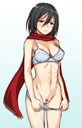Rule 34 | 1girl, asahina hikage, black eyes, black hair, blue background, blush, bow, bow bra, bra, breasts, closed mouth, female pubic hair, gradient background, hair between eyes, looking at viewer, medium breasts, mikasa ackerman, muscular, muscular female, navel, panties, panty pull, pubic hair, pulling own clothes, pussy, red scarf, scarf, shingeki no kyojin, short hair, simple background, uncensored, underwear, white background
