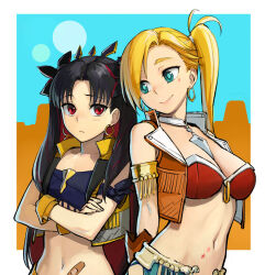 Rule 34 | 2girls, aqua eyes, b suke, bandaid, bandeau, bikini, black hair, blonde hair, border, breasts, brown vest, calamity jane (fate), colored inner hair, crossed arms, fate/grand order, fate (series), highres, ishtar (fate), long hair, looking at another, medium breasts, multicolored hair, multiple girls, one side up, open clothes, open vest, red bikini, red eyes, red hair, smile, space ishtar (fate), space ishtar (second ascension) (fate), swimsuit, two-tone hair, upper body, vest, white border