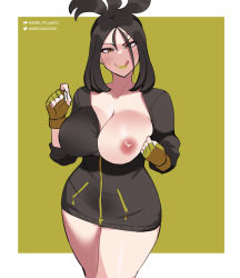 Rule 34 | 1girl, bare legs, black hair, breasts, brown eyes, creatures (company), dendra (pokemon), female focus, fingerless gloves, game freak, gloves, image sample, jacket, large breasts, looking at viewer, maybe its mayvi, md5 mismatch, nintendo, nipples, one breast out, pokemon, pokemon sv, resolution mismatch, solo, source larger, thighs, track jacket