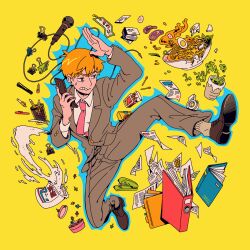 Rule 34 | 1boy, aryll (marbles), book, bowl, buttoned cuffs, buttons, egg (food), fingernails, floating, food, formal, full body, grey pants, grey suit, highres, holding, holding phone, levitation, long sleeves, male focus, marker, microphone, mob psycho 100, necktie, noodles, orange hair, pants, paper, phone, reigen arataka, shoes, stapler, suit, tape, yellow background