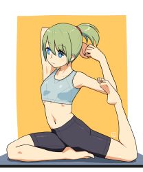 Rule 34 | 1girl, bare arms, bare shoulders, barefoot, bike shorts, blue eyes, border, breasts, bright pupils, closed mouth, collarbone, exercising, expressionless, foot up, full body, green hair, highres, looking afar, looking away, muu (mumumer), navel, orange background, original, outside border, short hair, short ponytail, simple background, small breasts, solo, sports bra, stomach, stretching, white border, yunomiya agari
