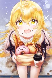 Rule 34 | 1girl, :d, absurdres, ahoge, alternate costume, blonde hair, blurry, blush, bokeh, casual, coffee, cup, depth of field, doughnut, food, food on face, from above, hair between eyes, happy, highres, holding, holding cup, kirisame marisa, long hair, looking at viewer, no headwear, no headwear, noritamaru, off shoulder, open mouth, sitting, smile, solo, sparkle, teeth, thighs, touhou, very long hair, yellow eyes