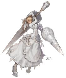 Rule 34 | 10s, 1girl, 2011, blonde hair, bow, dated, dress, dual wielding, earrings, full body, hair bow, high heels, holding, huge weapon, jewelry, long hair, original, polearm, ponytail, shoes, simple background, solo, spear, warrior, weapon, weltol, white dress, white theme, yellow eyes