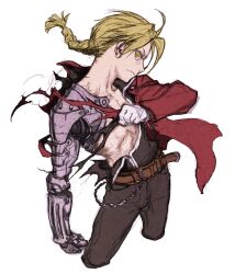 Rule 34 | 1boy, belt, black pants, blonde hair, closed mouth, commentary request, cropped legs, edward elric, fullmetal alchemist, highres, iwamoto tatsurou, jacket, long hair, male focus, mechanical arms, pants, red jacket, simple background, single mechanical arm, solo, torn clothes, torn jacket, white background, yellow eyes