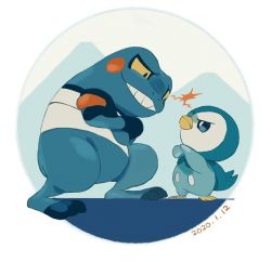 Rule 34 | beak, closed mouth, commentary request, creatures (company), croagunk, crossed arms, dated, eye contact, game freak, gen 4 pokemon, looking at another, nintendo, no humans, piplup, pokemon, pokemon (creature), rivalry, smile, standing, teeth, tokeru