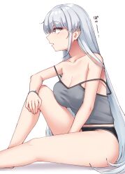 Rule 34 | 1girl, absurdres, black panties, breasts, camisole, cleavage, collarbone, fuyutsuki (kancolle), grey camisole, grey eyes, grey hair, highres, kantai collection, kiritto, large breasts, leg up, long hair, looking to the side, open mouth, panties, sidelocks, simple background, sitting, solo, underwear, white background, wristband