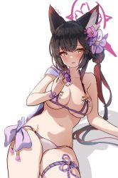 Rule 34 | 1girl, absurdres, animal ears, arm support, bikini, black hair, blue archive, blush, breasts, cleavage, commentary request, eyeshadow, flower, fox ears, fox girl, goyain, hair between eyes, hair flower, hair ornament, halo, highres, large breasts, long hair, looking at viewer, makeup, micro bikini, midriff, multicolored hair, official alternate costume, parted lips, rope, shimenawa, sidelocks, simple background, sketch, solo, stomach, swimsuit, thighlet, two-tone hair, wakamo (blue archive), wakamo (swimsuit) (blue archive), white background, white bikini, yellow eyes