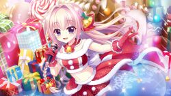 Rule 34 | 1girl, ahoge, bell, blonde hair, blue eyes, blue hair, bow, box, braid, breasts, candy, christmas, concert, crop top, crown braid, dot nose, film grain, food, fur-trimmed skirt, fur trim, game cg, gift, gift box, gingerbread house, gloves, groin, hair bell, hair bow, hair intakes, hair ornament, holding, holding microphone, izumi tsubasu, lens flare, lollipop, long hair, looking at viewer, medium breasts, microphone, midriff, mole, mole under each eye, mole under eye, multiple moles, navel, non-web source, official art, open mouth, outstretched arm, re:stage!, red bow, red gloves, red skirt, shiratori amaha (re:stage!), skirt, smile, snowflakes, solo, sparkle, stage