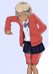 Rule 34 | 1girl, against wall, blonde hair, blue background, blue eyes, blue shirt, blue skirt, blush, bow, bowtie, clenched hand, dark-skinned female, dark skin, ear piercing, embarrassed, female focus, flat chest, hagaa, hand in pocket, jacket, knees together feet apart, long sleeves, looking at viewer, miniskirt, nose blush, open mouth, original, peeing, peeing self, piercing, pleated skirt, red jacket, red shorts, school uniform, shirt, short hair, shorts, shorts under skirt, simple background, skirt, solo, standing, striped bow, striped bowtie, striped clothes, sweat, tears, two-tone background, wet, wet clothes