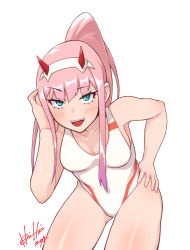 Rule 34 | 10s, 1girl, 2018, :d, aqua eyes, bare arms, bare shoulders, breasts, cleavage, collarbone, darling in the franxx, eyelashes, fangs, hair up, hairband, high ponytail, highres, hori shin, horns, legs apart, looking at viewer, medium breasts, one-piece swimsuit, oni horns, open mouth, pink hair, ponytail, raised eyebrow, sidelocks, signature, simple background, smile, solo, standing, straight hair, swimsuit, teeth, tsurime, white background, white hairband, white one-piece swimsuit, zero two (darling in the franxx)