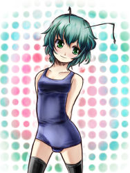Rule 34 | 1girl, antennae, bad id, bad pixiv id, female focus, green eyes, green hair, halftone, halftone background, matching hair/eyes, one-piece swimsuit, r0g0b0, school swimsuit, short hair, solo, swimsuit, thighhighs, touhou, wriggle nightbug