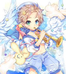 Rule 34 | 1boy, angel wings, beamed eighth notes, blonde hair, blue eyes, blue headwear, blue sailor collar, blue shorts, bulge, collar, collarbone, cowboy shot, eighth note, feathered wings, green eyes, hair ornament, hairclip, heterochromia, holding, holding instrument, instrument, leeannpippisum, long sleeves, male focus, music, musical note, navel, original, playing instrument, pointy ears, quarter note, sailor collar, sailor shirt, shirt, short hair, shorts, solo, staff (music), star (symbol), star hair ornament, treble clef, trumpet, white wings, wings