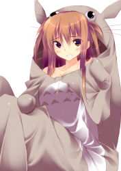 Rule 34 | 1girl, bare shoulders, blush, breasts, brown eyes, brown hair, clenched teeth, collarbone, cosplay, female focus, frown, highres, hot, kuwashima rein, long hair, name connection, original, pun, red eyes, simple background, sitting, solo, teeth, tonari no totoro, tororo inniina, totoro, totoro (cosplay), two side up, white background