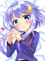 Rule 34 | 1girl, blue eyes, blue shirt, blush, closed mouth, commentary request, crescent, crescent hair ornament, hair ornament, hands up, heart, kantai collection, long sleeves, looking at viewer, neck ribbon, pink ribbon, purple hair, ribbon, shirt, sills, smile, solo, star (symbol), starry background, steepled fingers, twitter username, upper body, yayoi (kancolle)