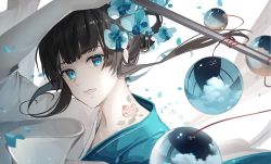 Rule 34 | 1girl, a maru, black hair, blue eyes, braid, flower, hair ornament, holding, japanese clothes, kimono, looking at viewer, original, simple background, solo, tattoo, upper body, water balloon, white background