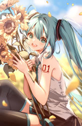Rule 34 | 1girl, :d, absurdres, aqua eyes, aqua hair, aqua necktie, arm tattoo, black skirt, black thighhighs, blurry, clouble, commentary request, depth of field, flower, grin, hair between eyes, hatsune miku, highres, holding, holding flower, knee up, looking at viewer, necktie, open mouth, outdoors, petals, pleated skirt, shirt, sitting, skirt, sleeveless, sleeveless shirt, smile, solo, sunflower, tattoo, teeth, thighhighs, twintails, vocaloid, white shirt, yellow flower