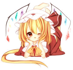 Rule 34 | 1girl, a-iueo, arm support, barefoot, blonde hair, bow, dress, flandre scarlet, full body, hat, hat ribbon, legs up, looking at viewer, lying, mob cap, on stomach, one eye closed, open mouth, red dress, red eyes, ribbon, short sleeves, side ponytail, simple background, smile, solo, touhou, white background, wings, wink