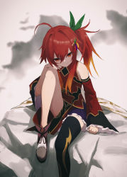 Rule 34 | 1girl, ahoge, black thighhighs, chili pepper hair ornament, colored tips, detached sleeves, flower knight girl, frilled skirt, frills, hara shoutarou, highres, long hair, long sleeves, looking at viewer, multicolored hair, orange hair, red eyes, red hair, side ponytail, single thighhigh, sitting, skirt, solo, thighhighs, tougarashi (flower knight girl)