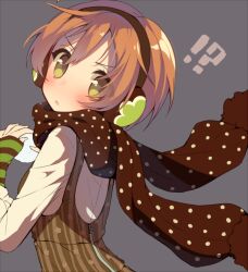 Rule 34 | !?, 1girl, black headphones, black scarf, blush, brown hair, brown vest, commentary request, floral print, green arm warmers, green eyes, grey background, holding snowball, hoshizora rin, long sleeves, love live!, love live! school idol project, parted lips, polka dot, polka dot scrunchie, scarf, scrunchie, shirt, short hair, simple background, solo, striped arm warmers, striped clothes, striped vest, upper body, usamata, v-shaped eyebrows, vertical-striped clothes, vertical-striped vest, vest, white shirt, white sleeves, zipper, zipper pull tab
