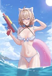Rule 34 | 1girl, :d, ahoge, bare arms, bare shoulders, bikini, black choker, blonde hair, blue eyes, blue sky, chinoa, choker, cloud, commentary, commission, day, hair intakes, halterneck, hat, highres, holding, holding water gun, honkai: star rail, honkai (series), innertube, looking at viewer, lynx landau, navel, open mouth, second-party source, short hair, skeb commission, sky, smile, solo, standing, stomach, swim ring, swimsuit, thighs, wading, water, water gun, white bikini, white hat