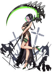 Rule 34 | 1girl, bare shoulders, black dress, black gloves, bracelet, breasts, cleavage, dress, fishnets, from side, full body, gloves, hair between eyes, high heels, highres, holding, holding weapon, holster, hood, huge weapon, jewelry, large breasts, leg up, looking at viewer, looking to the side, original, parted lips, pink eyes, scythe, short hair, side slit, silver hair, smile, solo, spikes, standing, thigh holster, vial, weapon, xiaoshou xiansheng