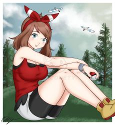 Rule 34 | 1girl, ass, bandana, bare legs, bare shoulders, blue eyes, blue sky, blush, bracelet, breasts, brown hair, cleavage, cloud, creatures (company), draconety, game freak, gen 3 pokemon, grass, hairband, highres, jewelry, large breasts, legs, lips, looking at viewer, may (pokemon), medium hair, nintendo, nose, nose blush, pine tree, poke ball, poke ball (basic), pokemon, pokemon (creature), pokemon oras, shoes, sitting, sky, smile, sneakers, solo focus, thick thighs, thighs, tree, watermark, wingull