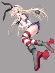 Rule 34 | 10s, 1girl, anchor, ass, bad id, bad pixiv id, black eyes, blonde hair, blush, boots, elbow gloves, full body, gloves, grey background, grey footwear, hairband, highres, kantai collection, long hair, nanamiya, open mouth, personification, shimakaze (kancolle), simple background, skirt, solo, striped clothes, striped thighhighs, thighhighs, white gloves