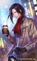 Rule 34 | 1boy, bag, black gloves, black hair, blurry, blurry background, brown jacket, building, closed mouth, copyright notice, cup, disposable cup, fringe trim, gloves, hair over shoulder, holding, holding bag, holding cup, hotaruika niji, jacket, lens flare, long sleeves, looking at viewer, low ponytail, male focus, medium hair, nijisanji, official art, open clothes, open jacket, outdoors, parted bangs, plaid, plaid jacket, red scarf, scarf, shellin burgundy, shopping bag, smile, solo, sweater, upper body, virtual youtuber, white sweater, yellow eyes