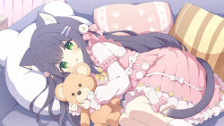 Rule 34 | 1girl, :o, animal ear fluff, animal ears, black hair, blush, bow, cat ears, cat girl, cat tail, commentary, commission, couch, crescent, crescent hair ornament, dress, feet out of frame, frilled dress, frills, green eyes, hair ornament, hairclip, highres, holding, holding stuffed toy, long hair, long sleeves, looking at viewer, lying, medium dress, on couch, on side, original, parted lips, pillow, pink bow, pink dress, puffy long sleeves, puffy sleeves, skeb commission, socks, solo, star (symbol), star hair ornament, stuffed animal, stuffed toy, tail, tail bow, tail ornament, teddy bear, tyomimas, variant set, white socks