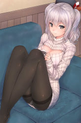 Rule 34 | 10s, 1girl, alternate costume, beret, black eyes, black pantyhose, breasts, cleavage, coffee, coffee mug, couch, cup, hat, highres, kantai collection, kashima (kancolle), large breasts, long sleeves, looking at viewer, meme attire, mug, open-chest sweater, panties, panties under pantyhose, pantyhose, pantyshot, ribbed sweater, silver hair, sitting, smile, solo, sweater, thighband pantyhose, turtleneck, twintails, underwear, urigarasu